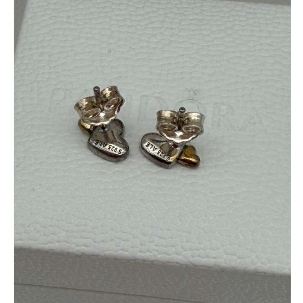 Pandora Two-Tone Heart Stud Earrings White Enamel & Gold Tone View 5